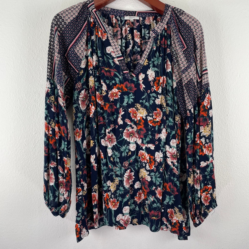 Folk Boho Romantic Women 2X Floral Mixed Print V-Neck Bubble Sleeve Blouse Navy - Picture 1 of 6